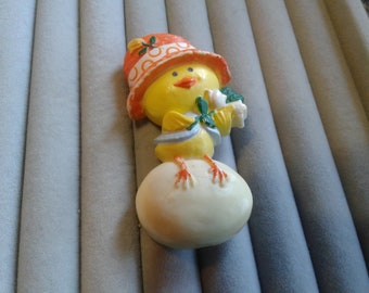 Hallmark 1975 Chick in Hat on Egg Pin, Signed and Dated