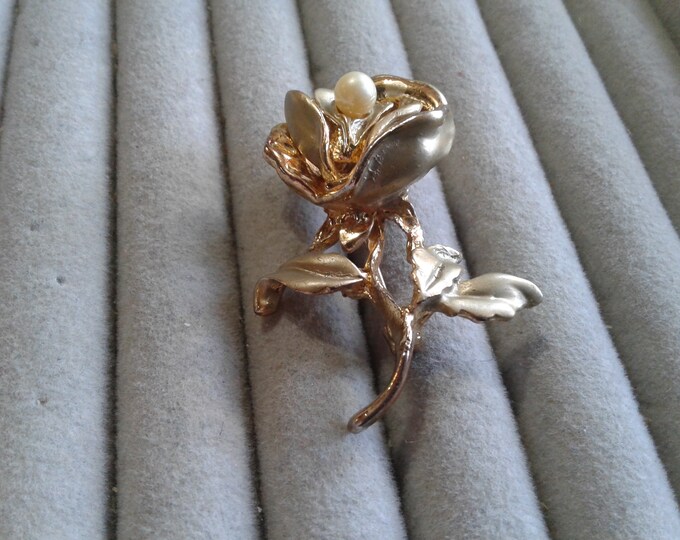 Midcentury Goldtone Floral Rose Brooch with Pearl