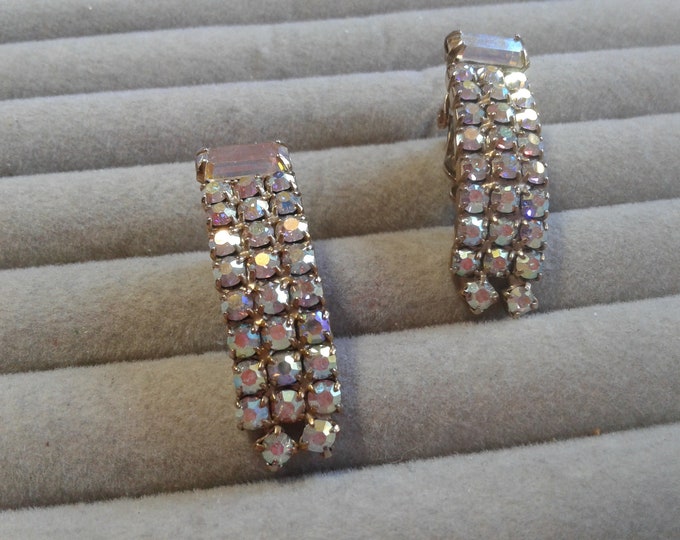 Rigid Linear Curved AB Rhinestone Clip On Earrings