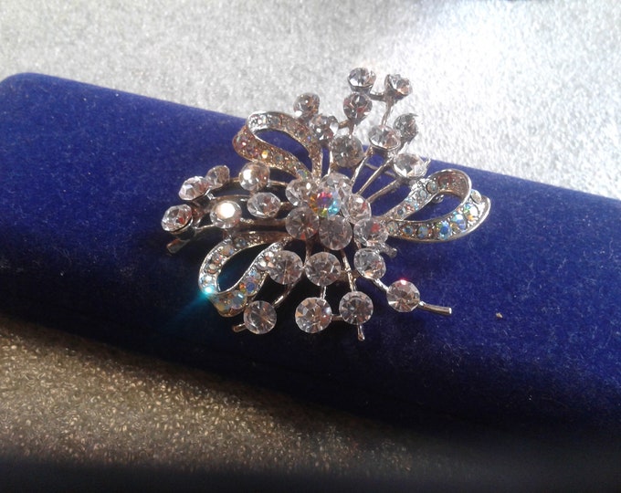 Large Floral Bow and Spray Silvertone with Clear and AB Rhinestone Brooch Vintage Midcentury