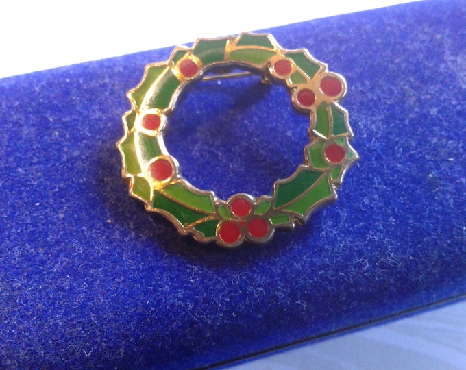Clearcoat Enamel Red and Green on Goldtone Wreath Pins, Cloisonne Style Holly  or Word "Joy" with Small Holly Wreath