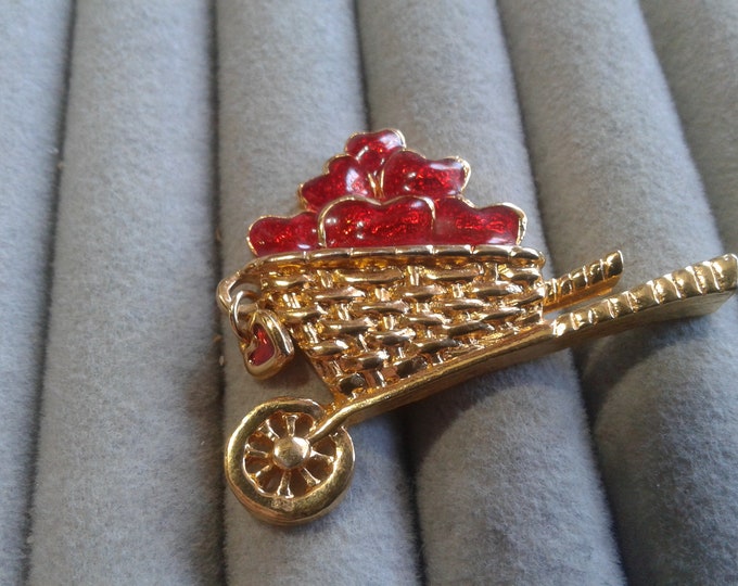 Avon 1992 "Garden of Love" Wheelbarrow of Red Enamel Hearts Pin, Goldtone