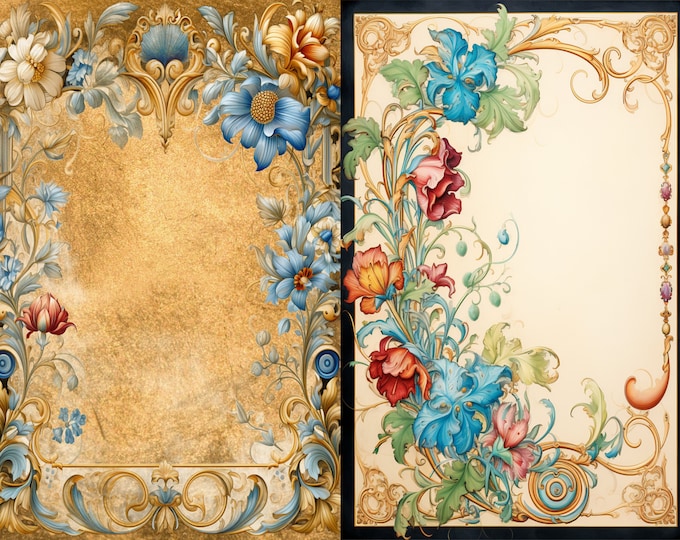 Pre-Raphaelite Floral Collage Background/Junk Journal Pages to Print at Home, 10 Designs. 5 Sheets