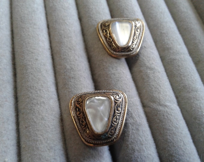 Trapezoidal Faux Mother of Pearl and Damascene Screwback Earrings