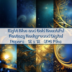 Blue Gold Fantasy Background Papers--12 x 12--300 DPI--Commercial Use Permitted--Instant Download