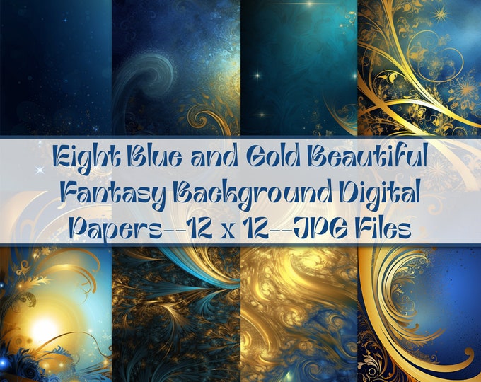 Blue Gold Fantasy Background Papers--12 x 12--300 DPI--Commercial Use Permitted--Instant Download