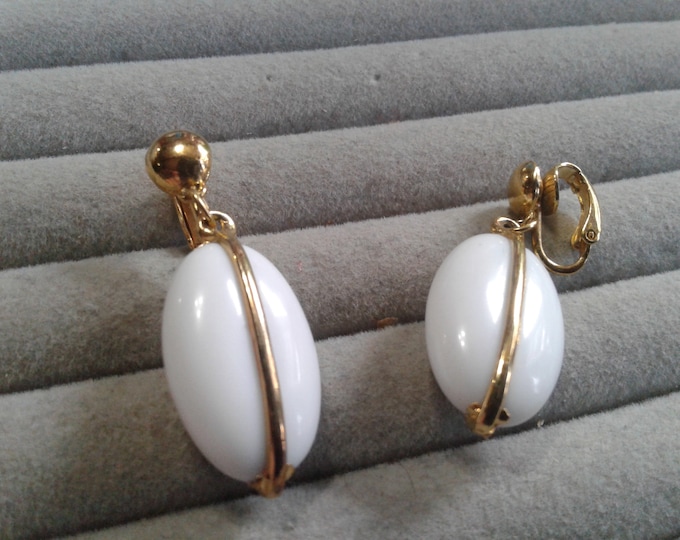 White Lucite and Goldtone "Coffee Bean" Dangle Clip Earrings