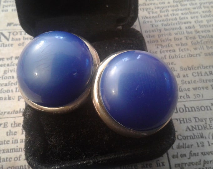 Coro Cobalt Blue and Goldtone Clip On Button Earrings, Signed