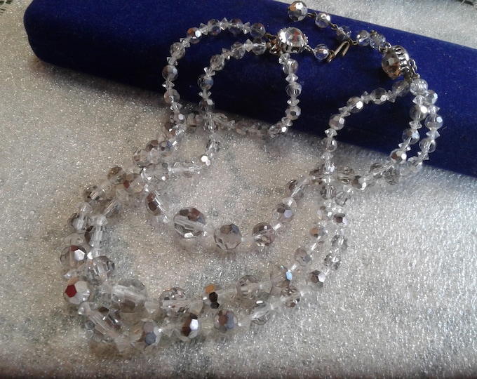 Midcentry Triple Strand of Silvered Rocaille Crystal with Rhinestone Accents and Hook and Bead Chain Closure