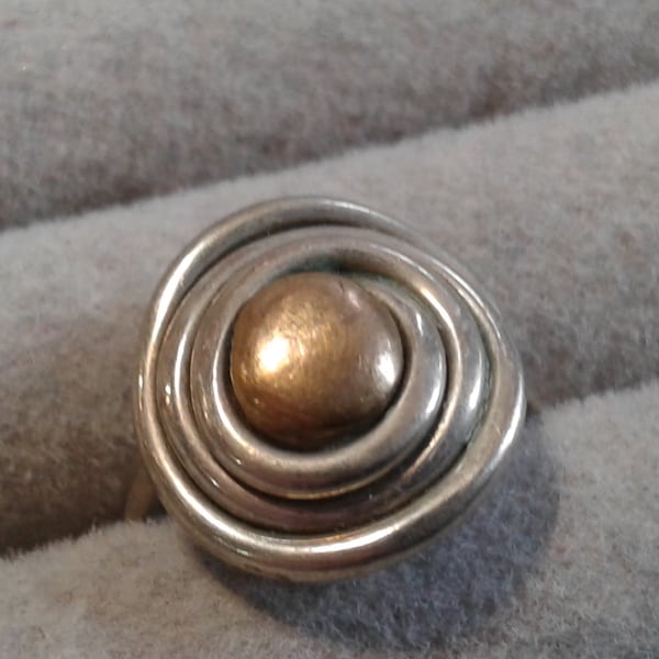 Sterling Silver and Brass Spiral Wire Organic Brutalist Ring, Size 3.5