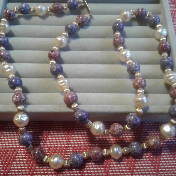 Eighties Beaded Midstrand of Plum and Mauve Mottled Glass Beads, Faux Pearl, and Fluted Goldtone Accents