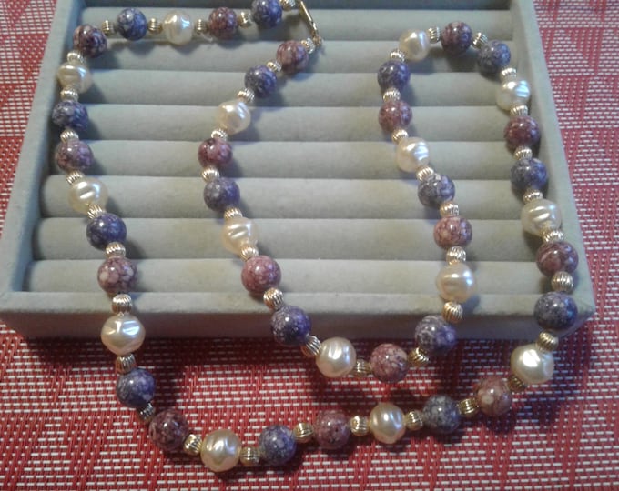 Eighties Beaded Midstrand of Plum and Mauve Mottled Glass Beads, Faux Pearl, and Fluted Goldtone Accents