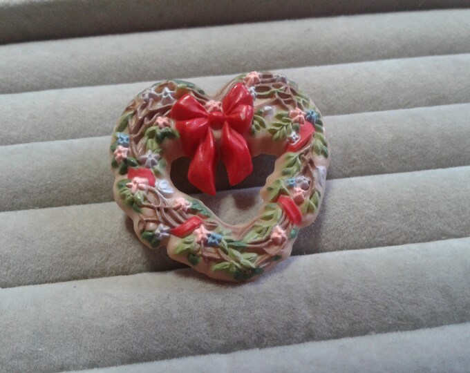 Hallmark 1985 Heart Shaped Wreath with Red Bow and Flowers, Signed and Dated