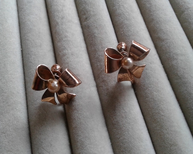 Sterling Silver Vermeil and Faux Pearl Bow Screwback Earrrings