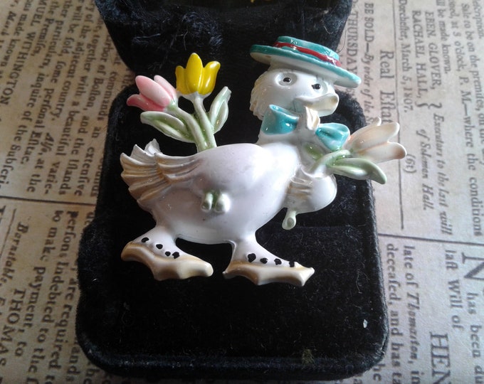 Multicolor Pastel Enamel Springtime Easter Duck with Hat, Spats, and a Bunch of Tulips