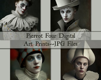 Pierrot, quatre impressions d'art numériques pour téléchargement immédiat, 8 x 10