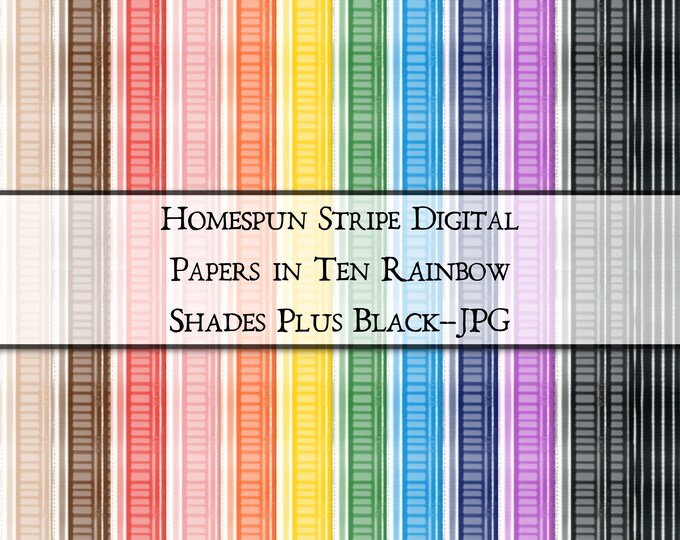 Homespun Stripe Patterned Paper in Ten Rainbow Colors Plus Black--JPG Files--Commercial Use--12 x 12