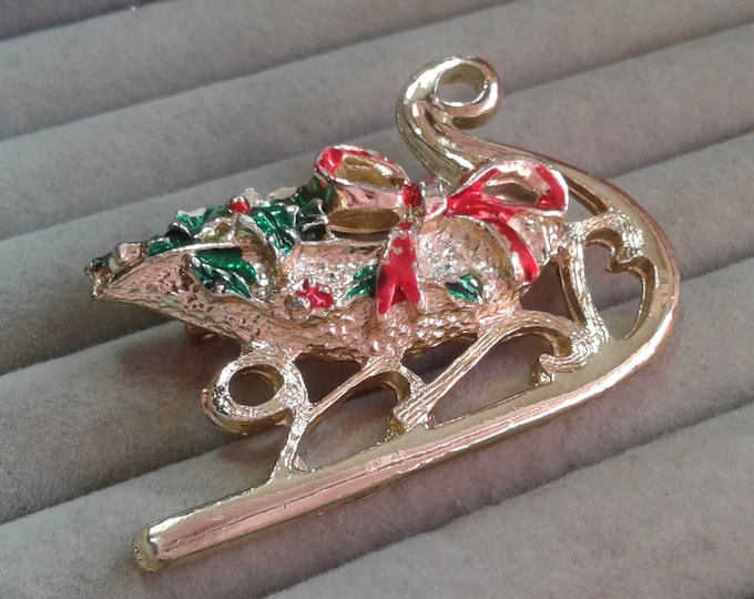 Late Midcentury Goldtone Christmas Sleigh Brooch