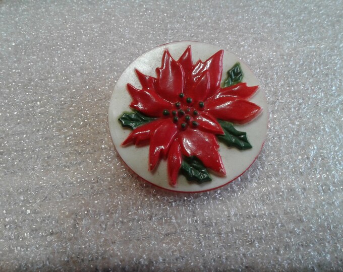 Molded Painted Plastic Poinsettia Brooch, Made in Hong Kong