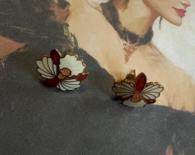 Small cloisonné orchid post back earrings