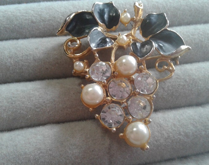 Faux Pearl, Rhinestone, and Enamel Bunch of Grapes Brooch