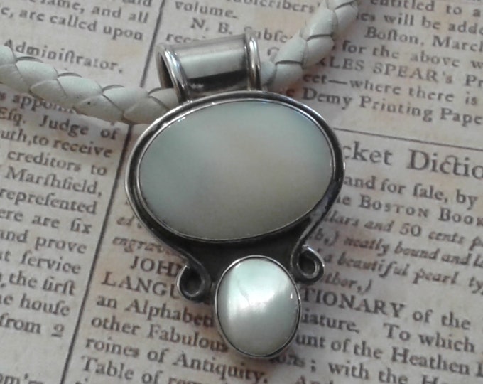 Moonstone, Sterling Silver, and Braided White Leather Pendant Necklace, Marked 925