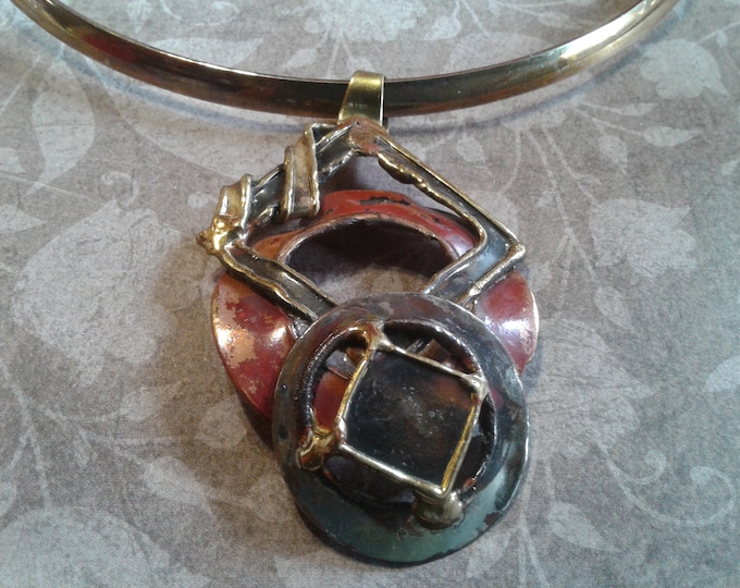 Brutalist Brass and Copper Artist Made Pendant on Likely Brass Neckwire