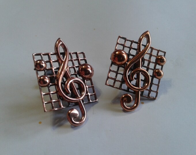 Renoir Large Copper Music Note Earrings, Screw Back, Signed