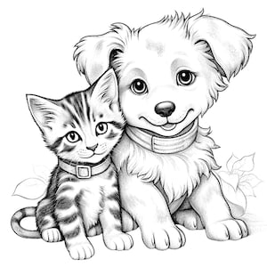 May include: A black and white pencil drawing of a puppy and a kitten sitting together. The puppy is on the right and the kitten is on the left. Both animals are wearing collars.