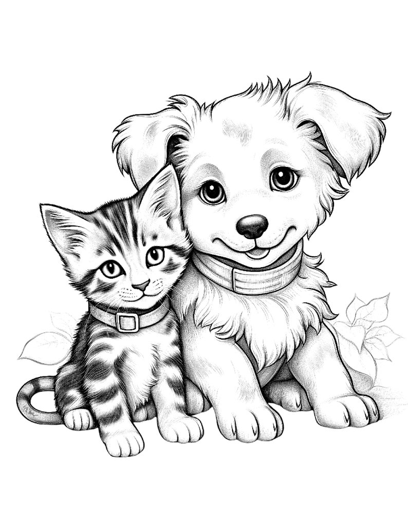 May include: A black and white pencil drawing of a puppy and a kitten sitting together. The puppy is on the right and the kitten is on the left. Both animals are wearing collars.