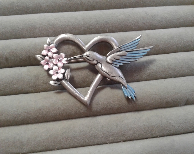 JJ Pewter Tone and Enamel Hummingbird in Heart with Flowers, Signed