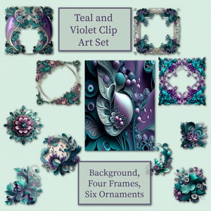 Petrol und Violett Clip Art Set, Hintergrund, Vier Rahmen und Ornamente zum sofortigen Download