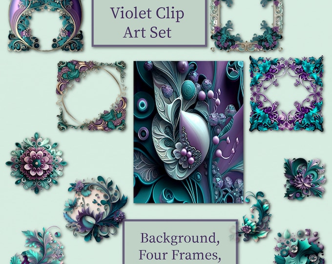 Teal and Violet Clip Art Set, One Background, Four Frames, and Six Ornaments for Instant Download