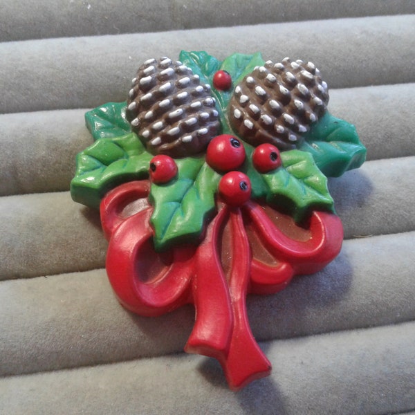 Russ Molded Plastic Novelty Brooch of Pine Cones with Holly and Red Bow, Signed, Made in China