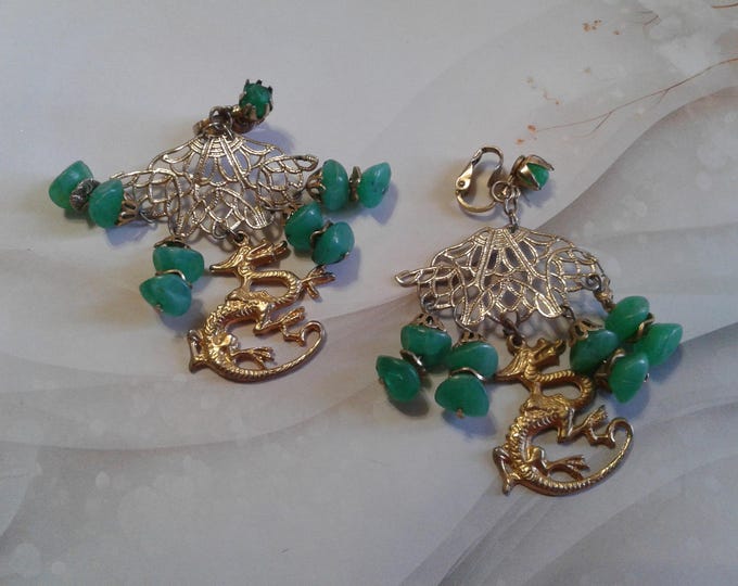 Oversized Five and Dime Quality Faux Jade "Dragon Lady" Dangling Earrings