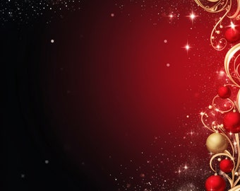 May include: A red and gold Christmas background with ornate gold swirls and red ornaments. The background is a gradient of red and black with a sparkling effect.