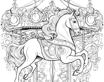 Five Beautiful Carousel Horse Coloring Sheets for Instant Download