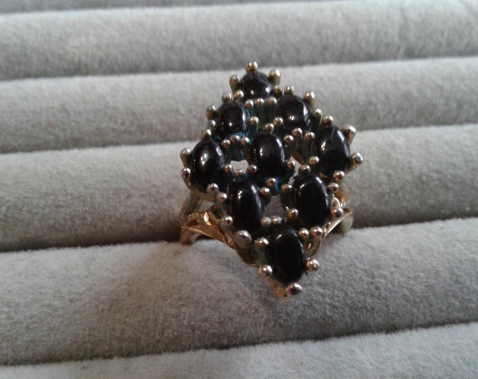 Espo 14K Gold Electroplate Cocktail Ring with Black Stones, Possibly Onyx, Size 8