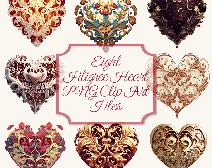 Eight Filigree Heart Clip Art Files--PNG--Commercial Use--Instant Download