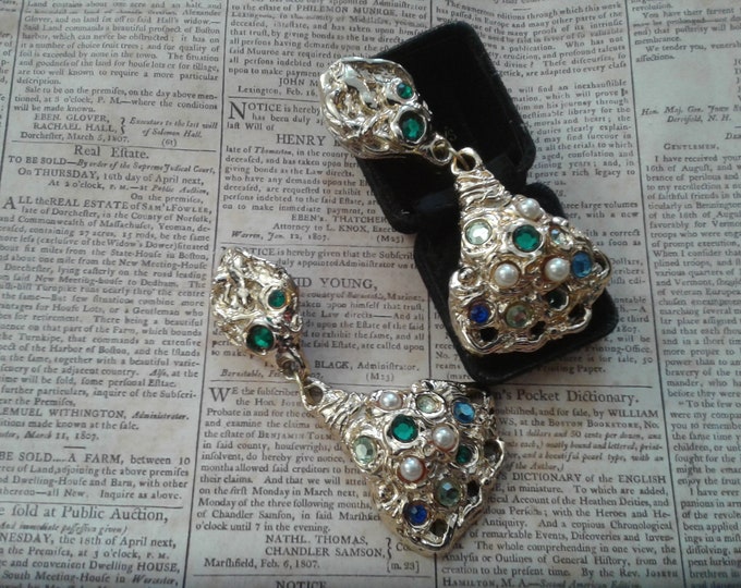 Enormous Goldtone Cast Resin Nugget Clip on Earrings with Faux Gems and Pearls
