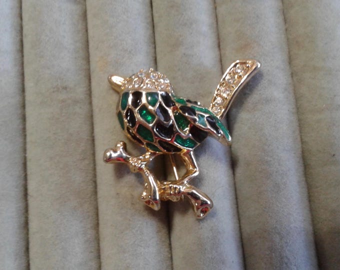 Small Goldtone Green and Black Enameled Bird Pin with Rhinestones