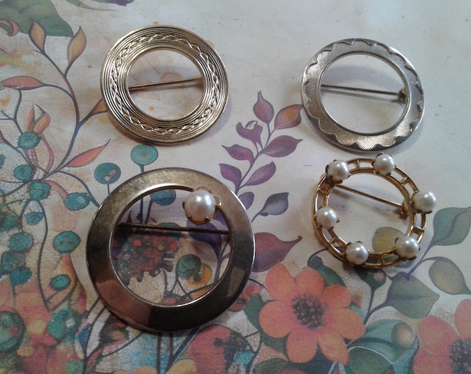 Midcentury Circle Brooches, Some with Cultured Pearls, Sold Separately