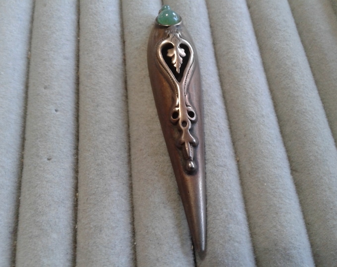 Spindle Shaped Copper Brooch with Neo Victorian Details and Aventurine Cabochons
