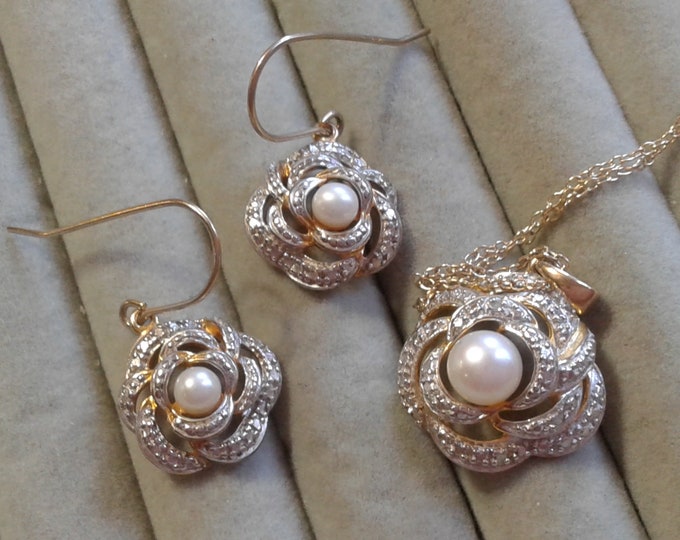 Ross Simons Floral Akoya Pearl and Diamond Vermeil 925 Necklace and Earrings Set, Signed