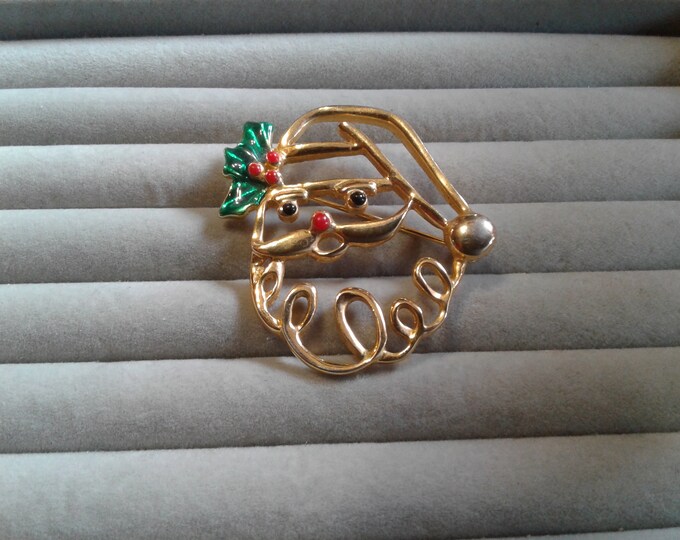 AAi Goldtone or Silvertone Tracery Santa Claus with Enamel Accents, Signed