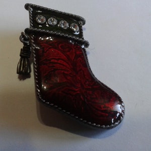 Lianna Pewtertone Christmas Stocking with Tassel, Wine Red and Dark Green Enamel,  Brooch, Signed LIA