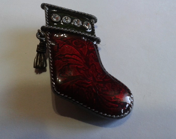 Lianna Pewtertone Christmas Stocking with Tassel, Wine Red and Dark Green Enamel,  Brooch, Signed LIA