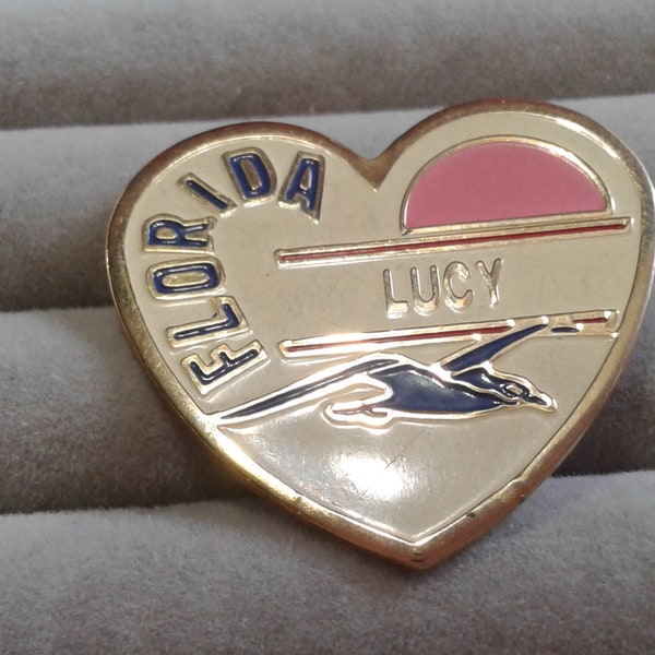 Goldtone and Enamel Paint Florida Heart Name Pin, "Lucy", Sunset and Seagull