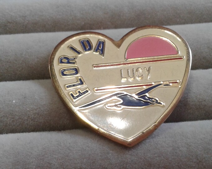 Goldtone and Enamel Paint Florida Heart Name Pin, "Lucy", Sunset and Seagull
