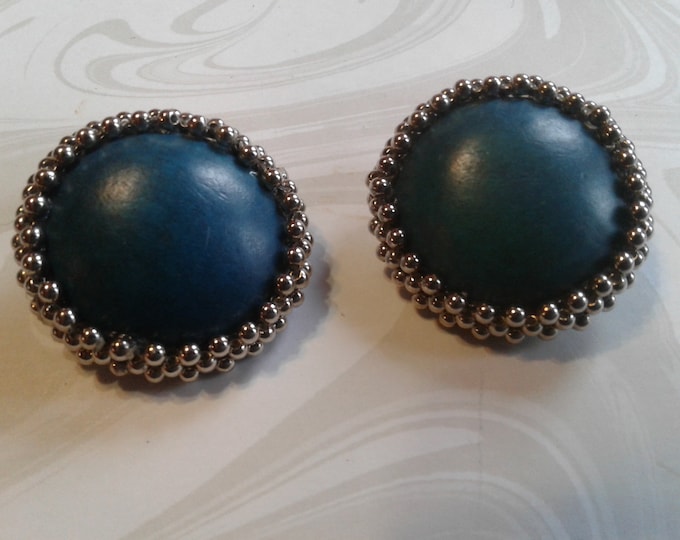 Oversized Deep Teal and Silvertone Bead Vintage Handmade Clip On Button Earrings